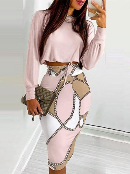 Trendy Two Piece Cropped Blouse and High Waist Skirt Set
