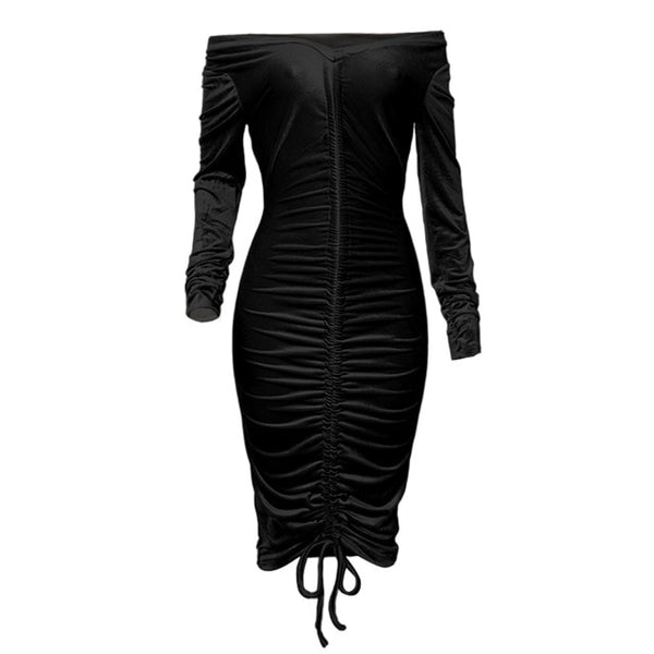 Trendy Velvet Drawstring V-neck Long Sleeve Slim Bodycon Dress