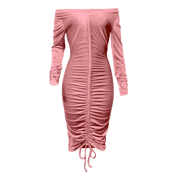 Trendy Velvet Drawstring V-neck Long Sleeve Slim Bodycon Dress